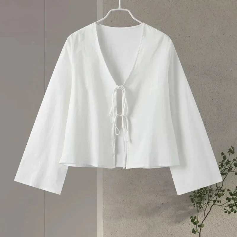 White Female Office Blouse with Ruffled Hem