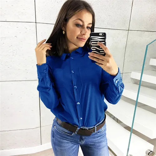 Women Blouses Solid Color Turn Down Collar