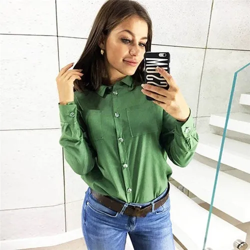 Women Blouses Solid Color Turn Down Collar