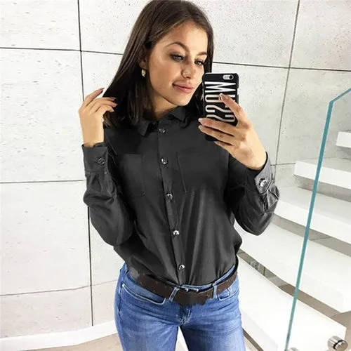 Women Blouses Solid Color Turn Down Collar