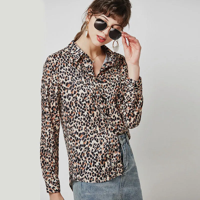 Women Leopard Blouse Vintage Turn Down Collar