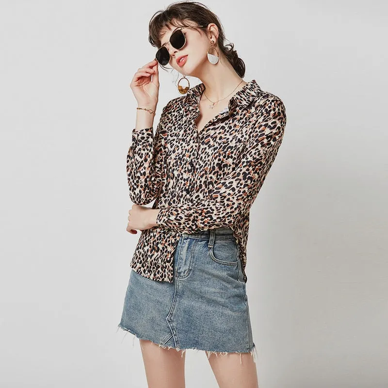 Women Leopard Blouse Vintage Turn Down Collar