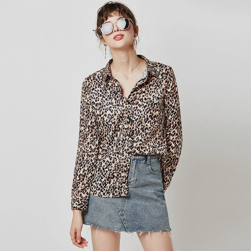 Women Leopard Blouse Vintage Turn Down Collar