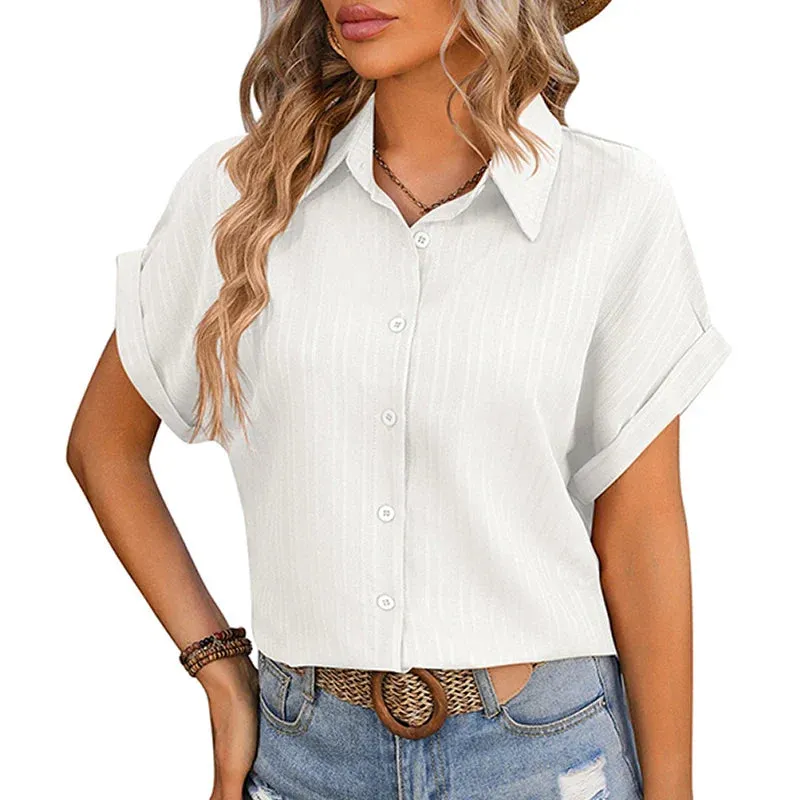 Women Solid Blouse Summer Short Sleeve Turn Down Collar Loose Blouse