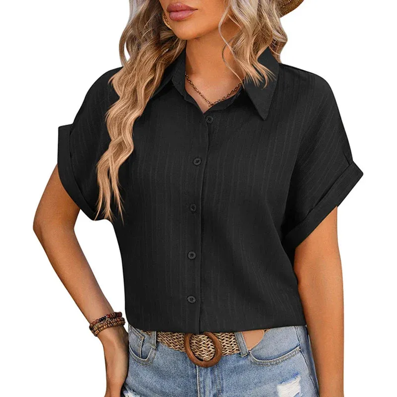 Women Solid Blouse Summer Short Sleeve Turn Down Collar Loose Blouse