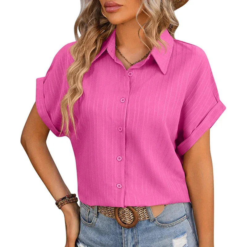 Women Solid Blouse Summer Short Sleeve Turn Down Collar Loose Blouse