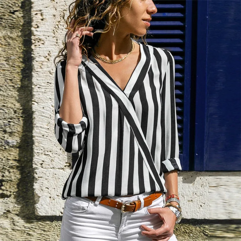 Women Striped Blouse Shirt Long Sleeve Blouse V