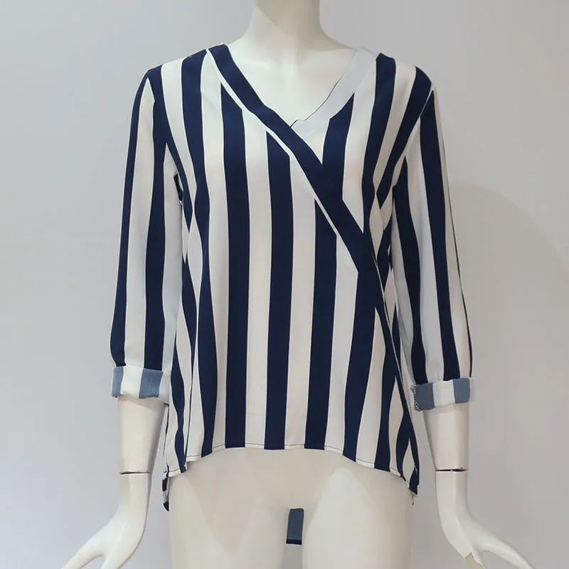 Women Striped Blouse Shirt Long Sleeve Blouse V