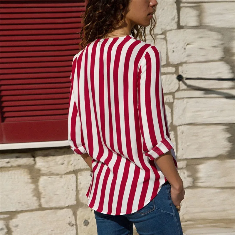 Women Striped Blouse Shirt Long Sleeve Blouse V