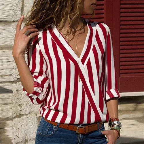 Women Striped Blouse Shirt Long Sleeve Blouse V