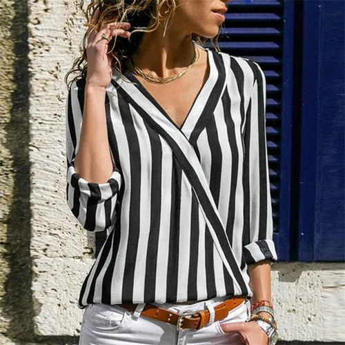 Women Striped Blouse Shirt Long Sleeve Blouse V