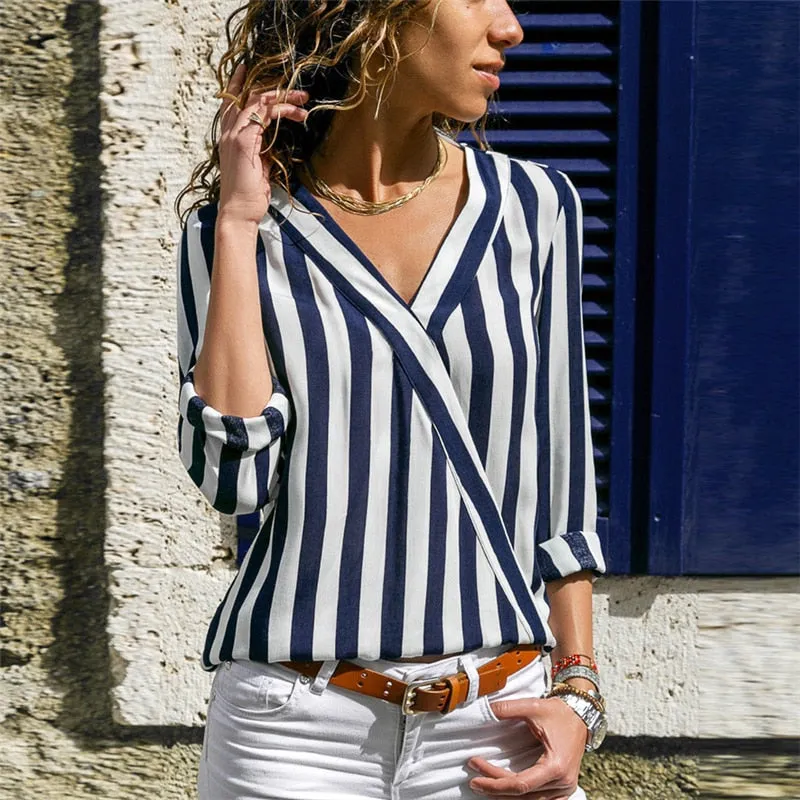 Women Striped Blouse Shirt Long Sleeve Blouse V