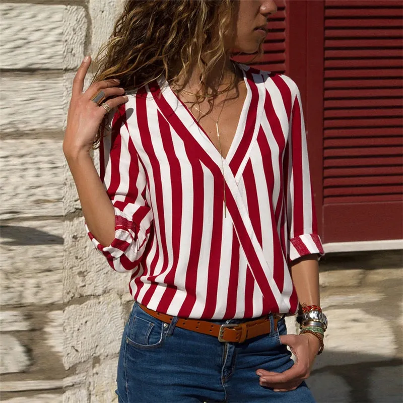 Women Striped Blouse Shirt Long Sleeve Blouse V