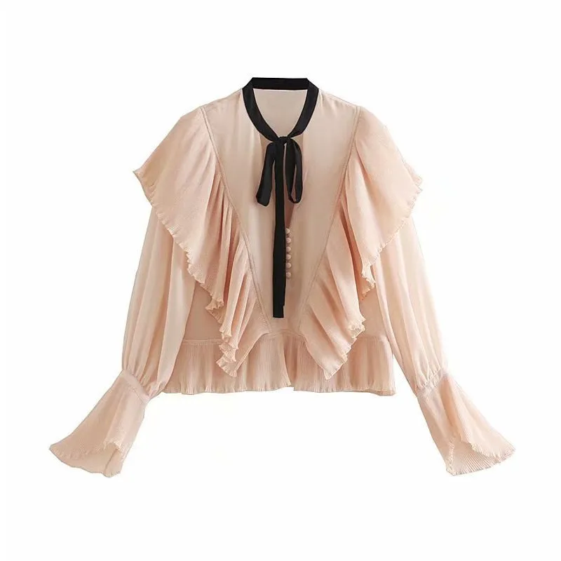 Women Stylish Bow Neck Pink Blouse Flare