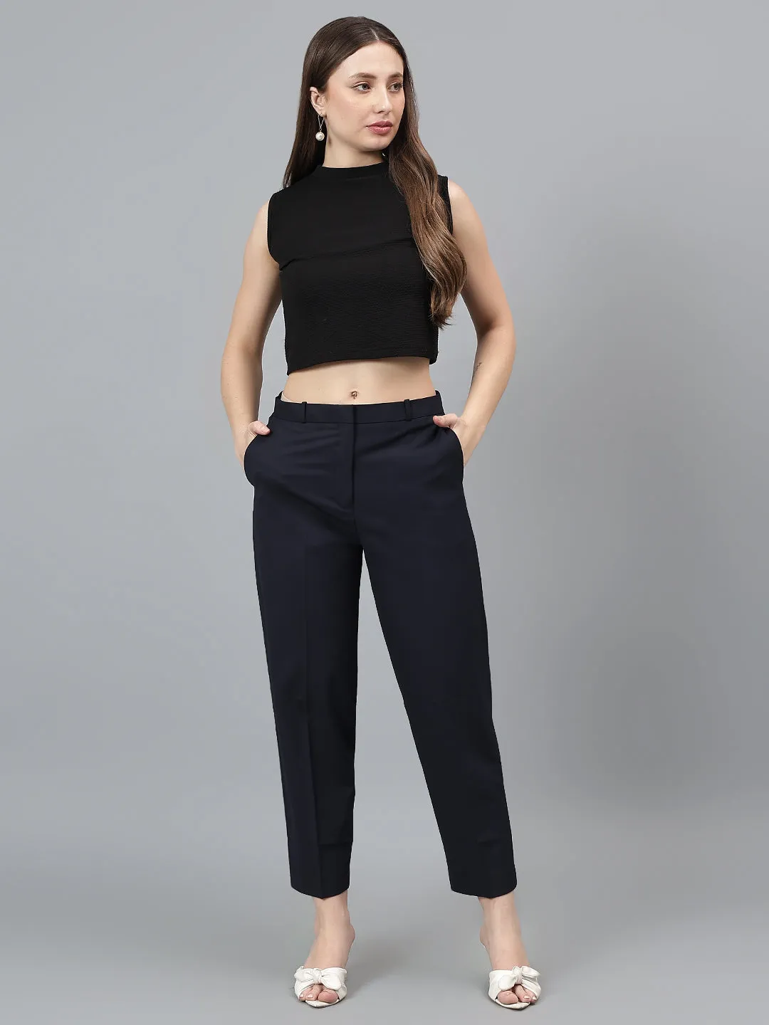 Women's Solid Navy Full length Mid Rise Trousers