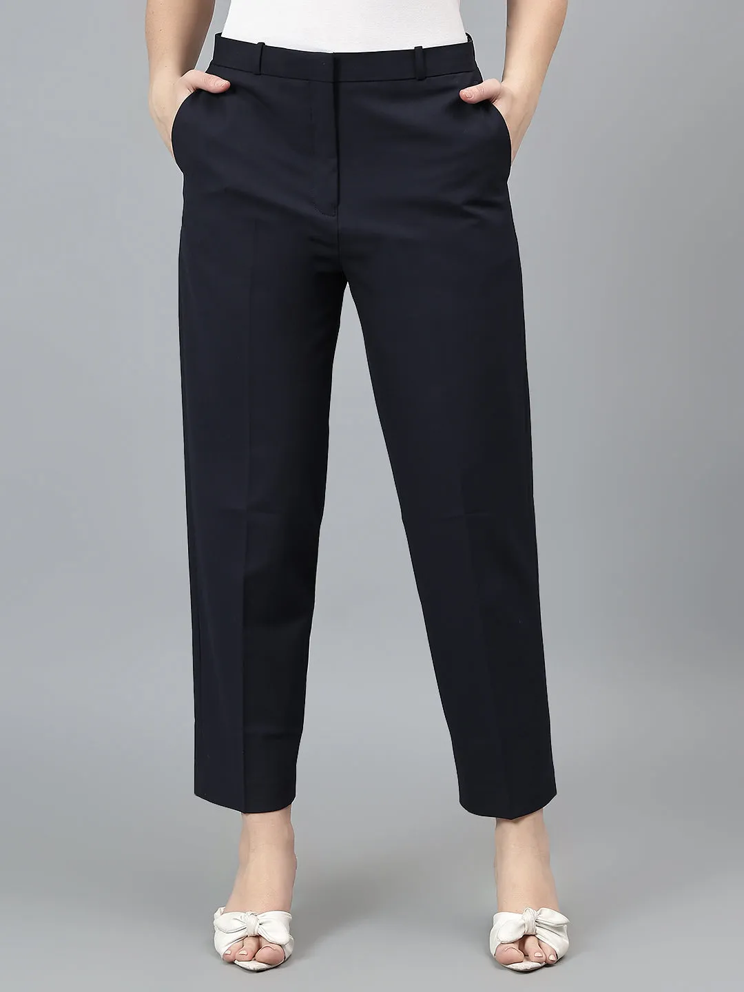 Women's Solid Navy Full length Mid Rise Trousers